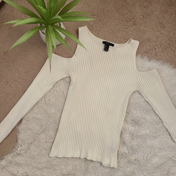 White cut out shoulder long sleeve sweater shirt - Picture 1 of 7